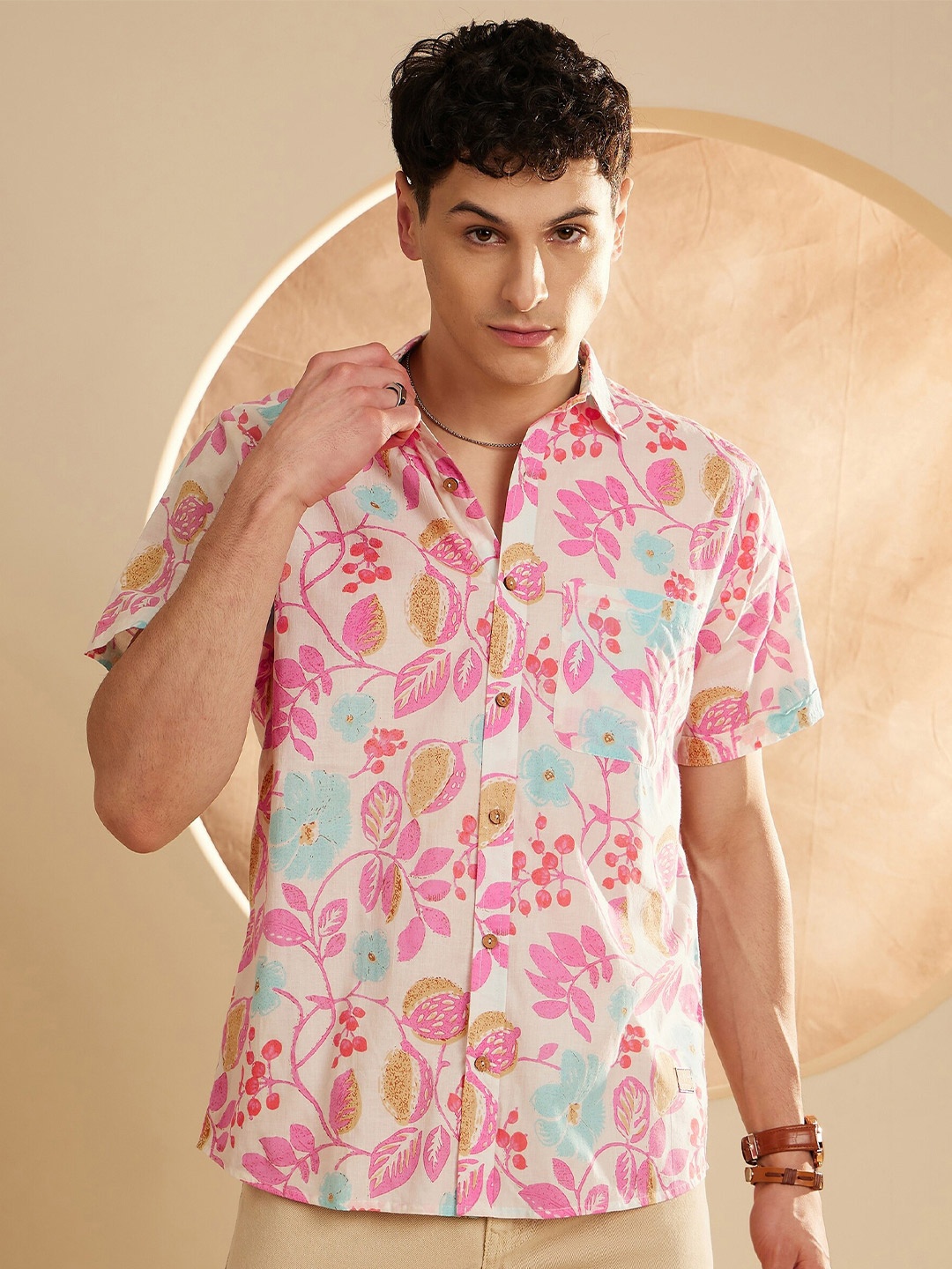 

DENNISON Floral Printed Spread Collar Cotton Oversized Lightweight Shirt, Cream