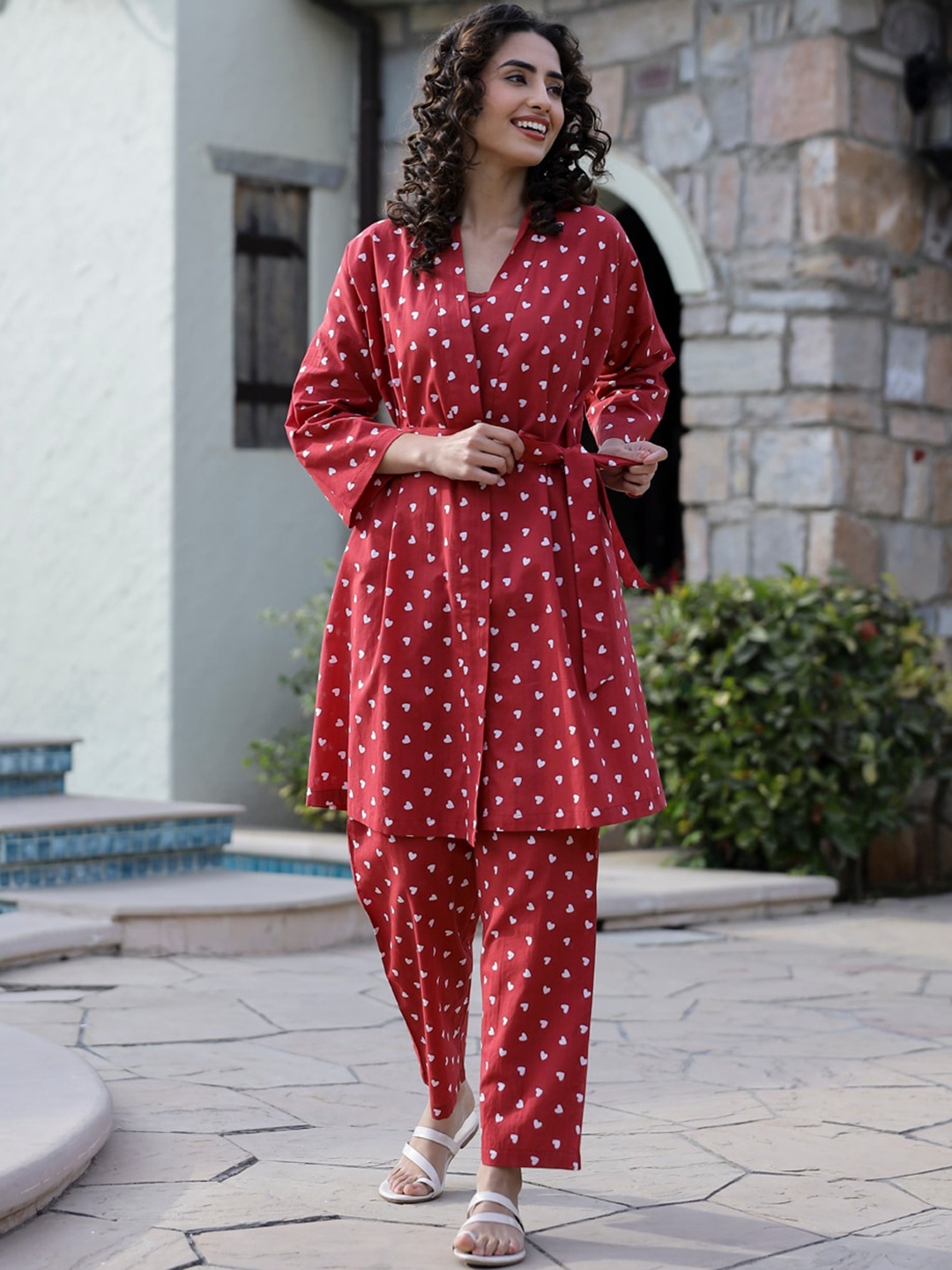 

SANSKRUTIHOMES Printed Pure Cotton Night suit, Red