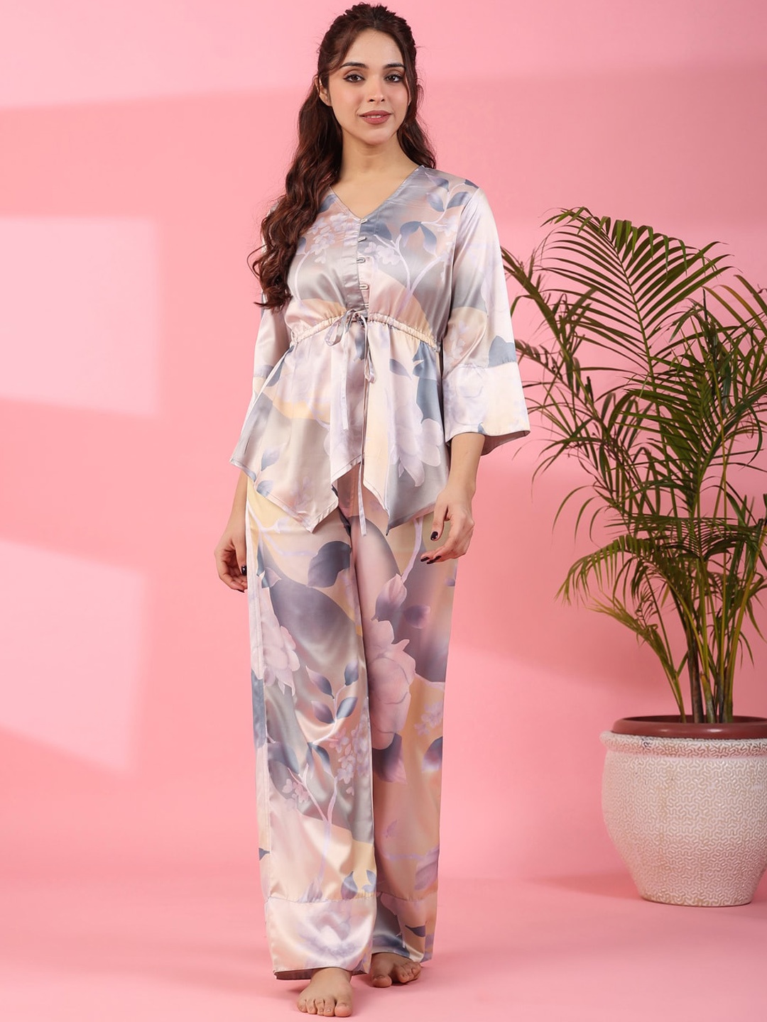 

SANSKRUTIHOMESFloral Printed V-Neck Satin Night suit, Grey