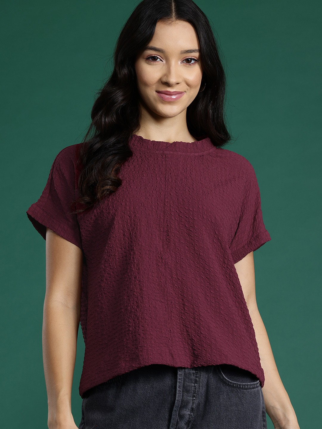 

DressBerry Seersucker Extended Sleeves Regular Top, Maroon