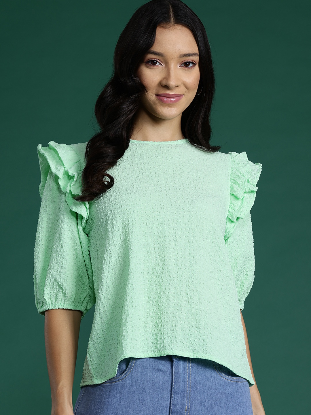 

DressBerry Ruffle Detail Regular Seersucker Top, Green