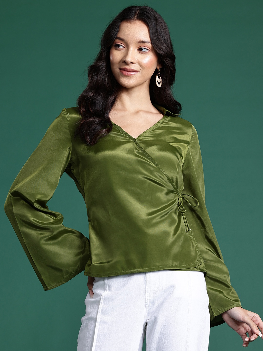 

DressBerry Bizwear Satin Wrap Top, Green