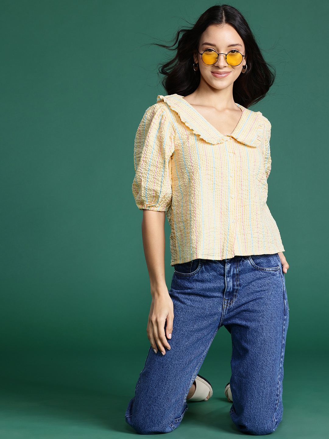 

DressBerry Striped Seersucker Shirt Style Top, Yellow