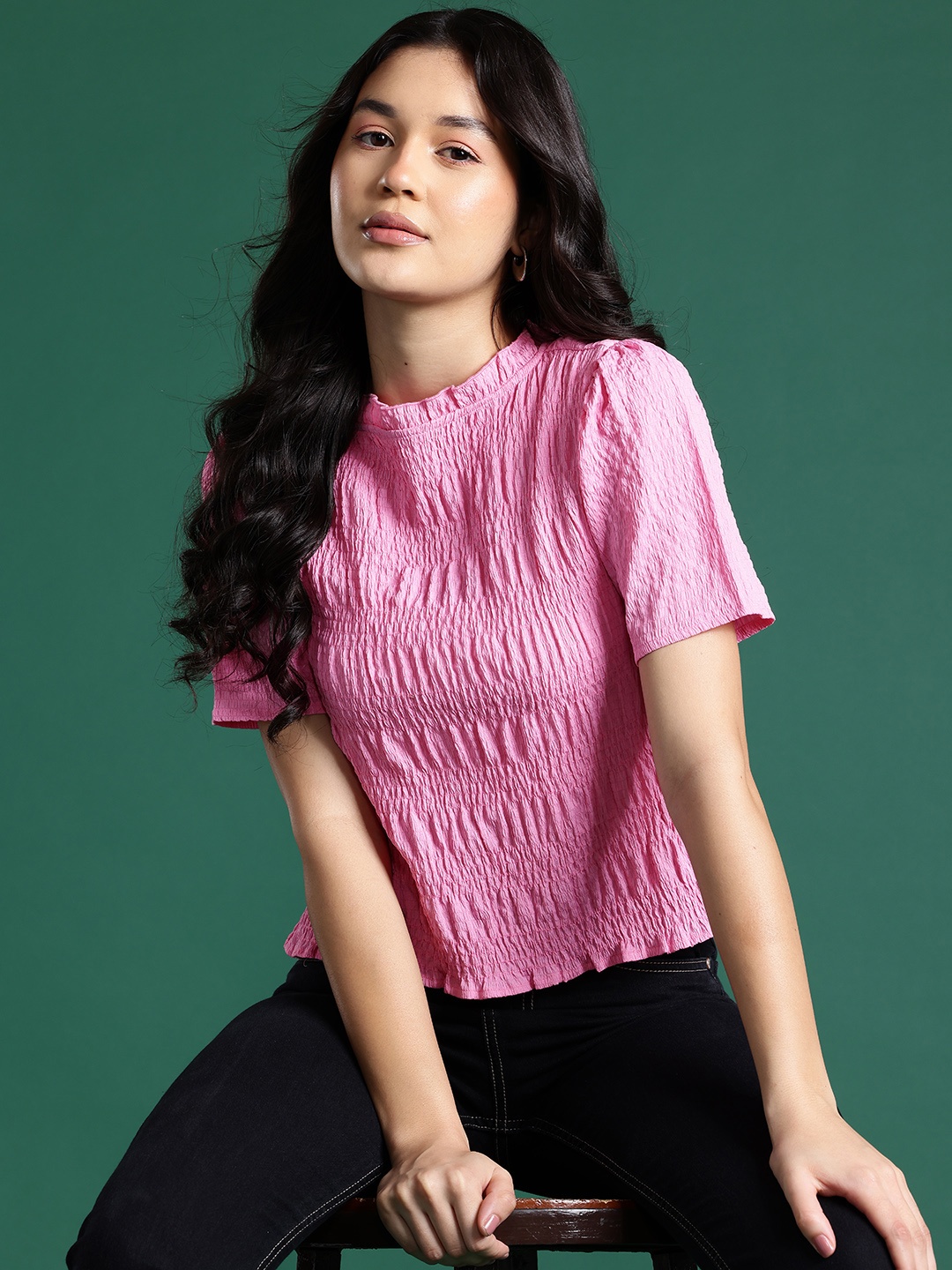 

DressBerry Puff Sleeves Smocked Top, Pink