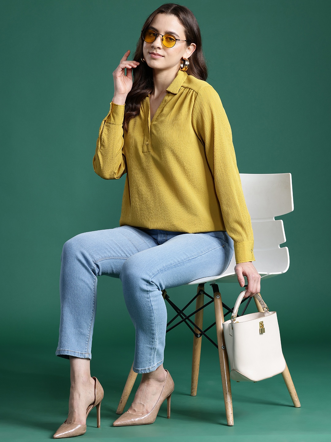 

DressBerry Bizwear Crinkled Shirt Style Top, Mustard