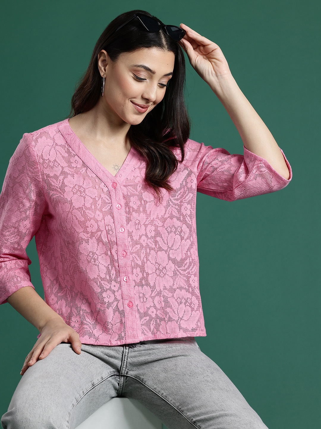 

DressBerry Floral Lace Pure Cotton Top, Pink