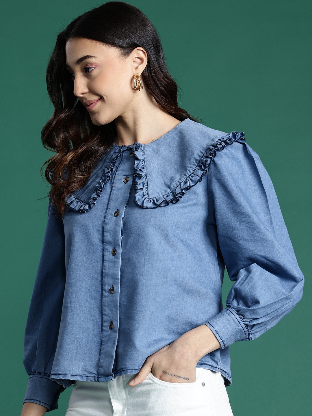 

DressBerry Bizwear Peter Pan Collar Ruffles Shirt Style Top, Blue