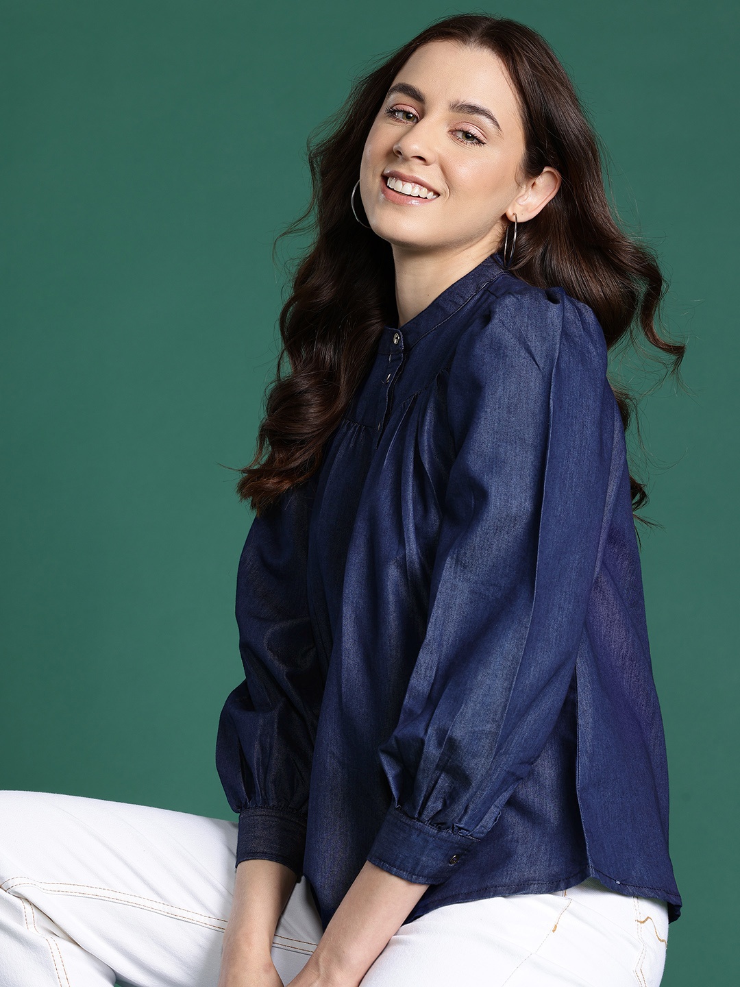 

DressBerry Mandarin Collar Chambray Top, Navy blue