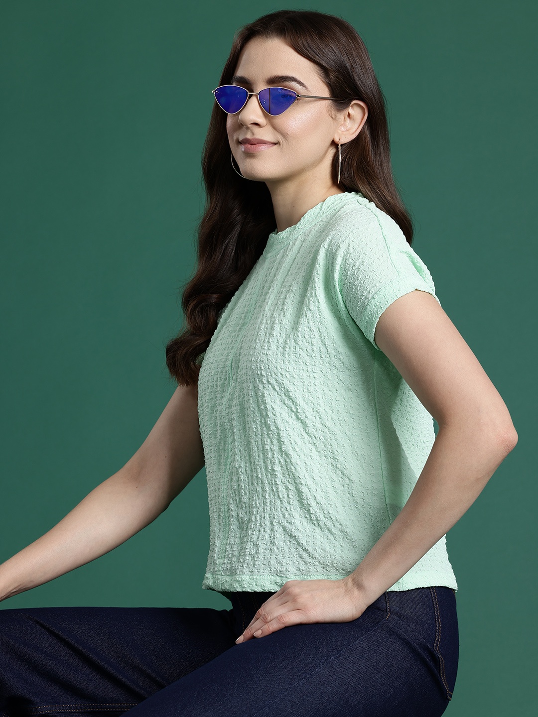 

DressBerry Seersucker Extended Sleeves Top, Sea green