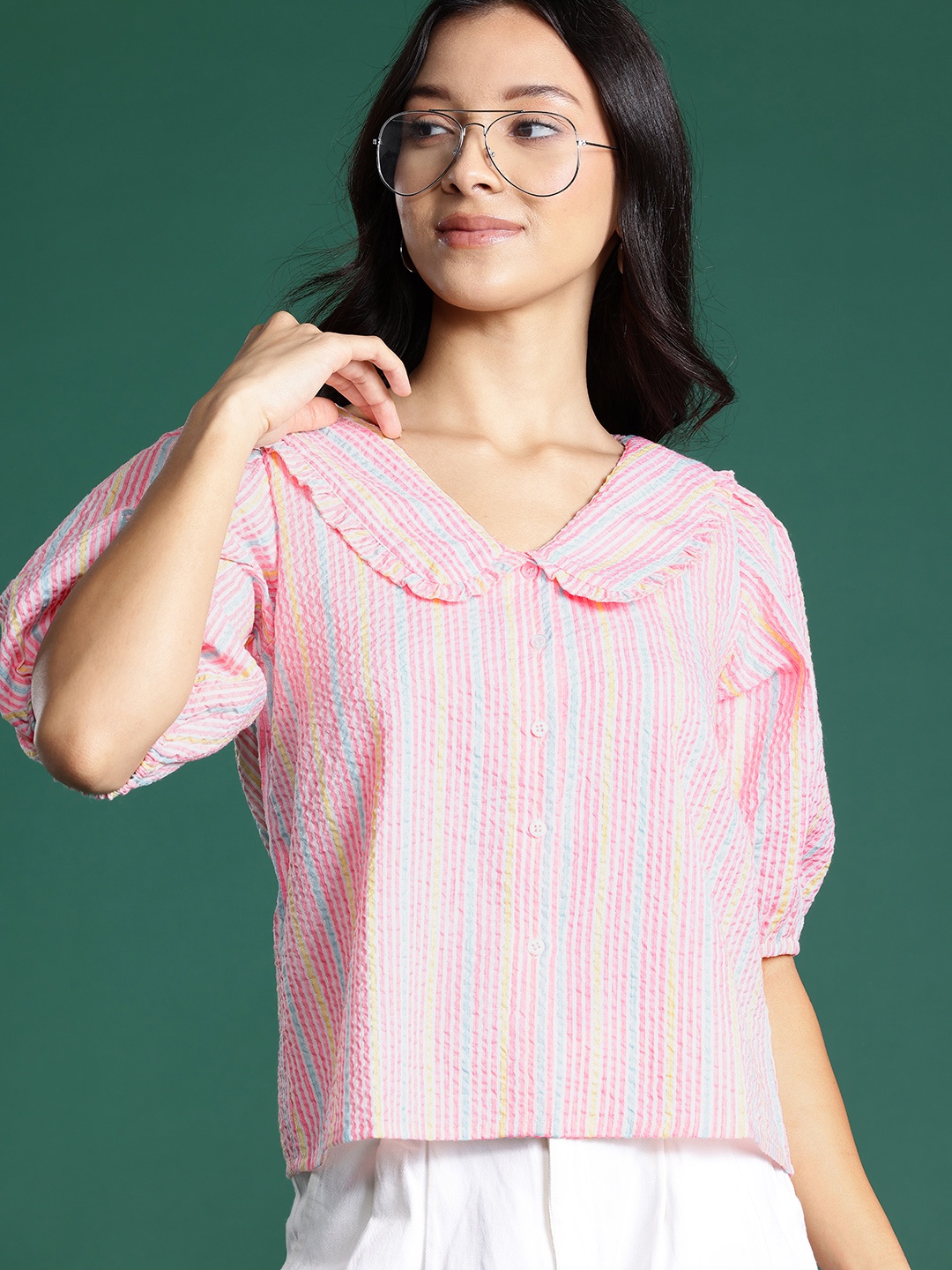 

DressBerry Striped Seersucker Shirt Style Top, Pink