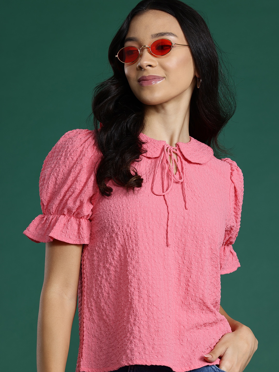 

DressBerry Peter Pan Collar Bell Sleeve Seersucker Top, Pink