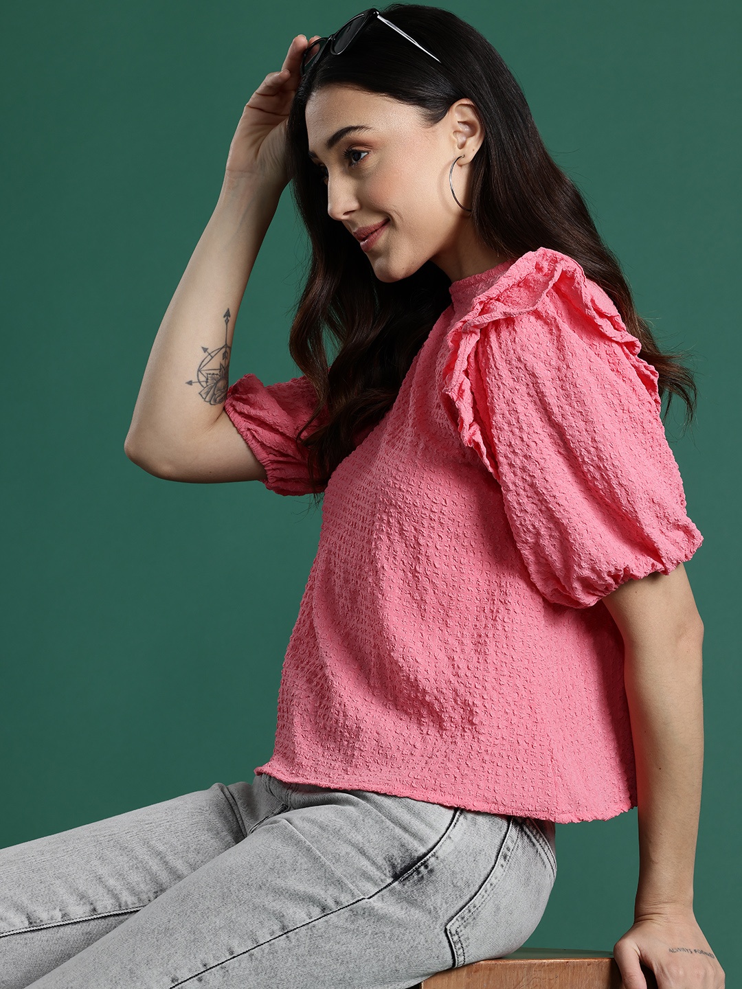 

DressBerry Puff Sleeve Ruffles Top, Pink