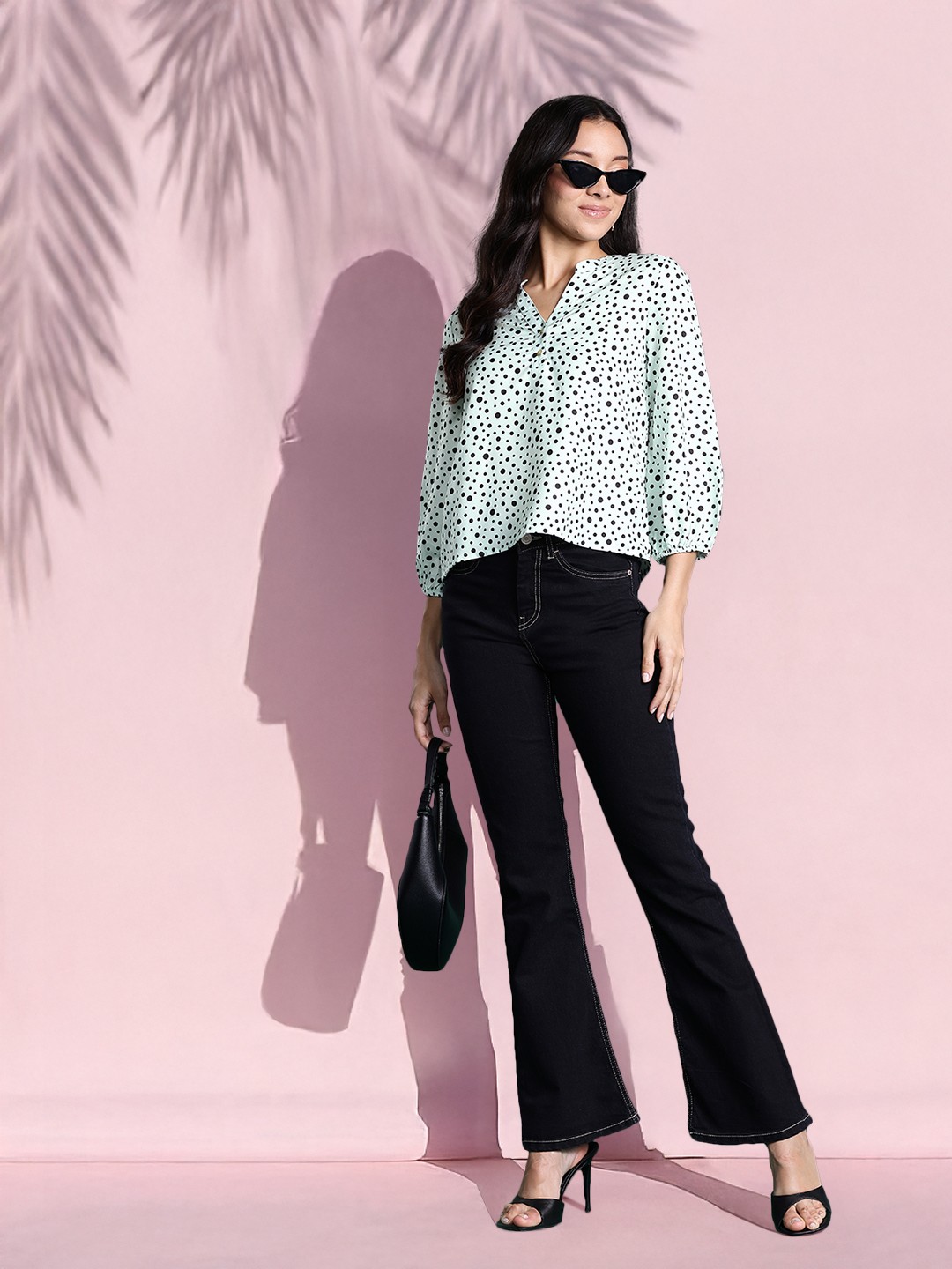 

DressBerry Basics Polka Dot Print Mandarin Collar Puff Sleeve Top, Green