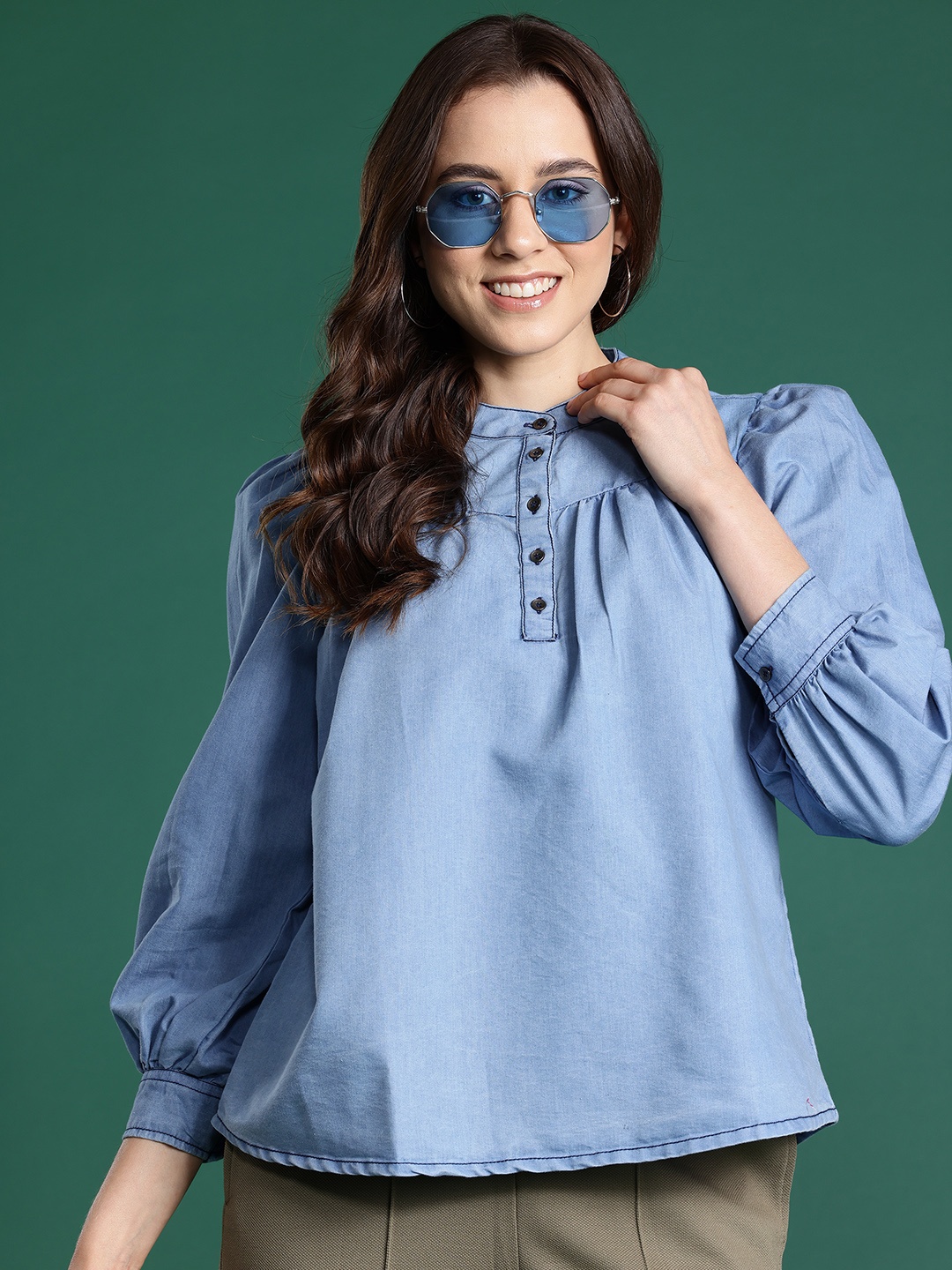 

DressBerry Mandarin Collar Chambray Top, Blue