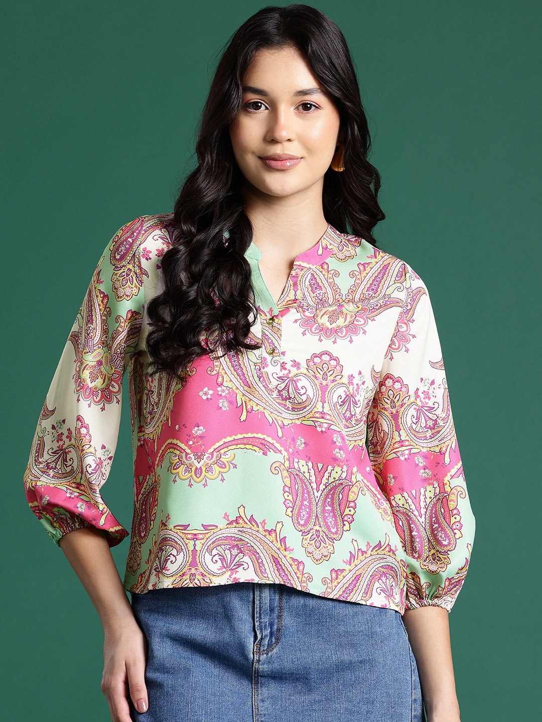 

DressBerry Printed Mandarin Collar Puff Sleeves Top, Green