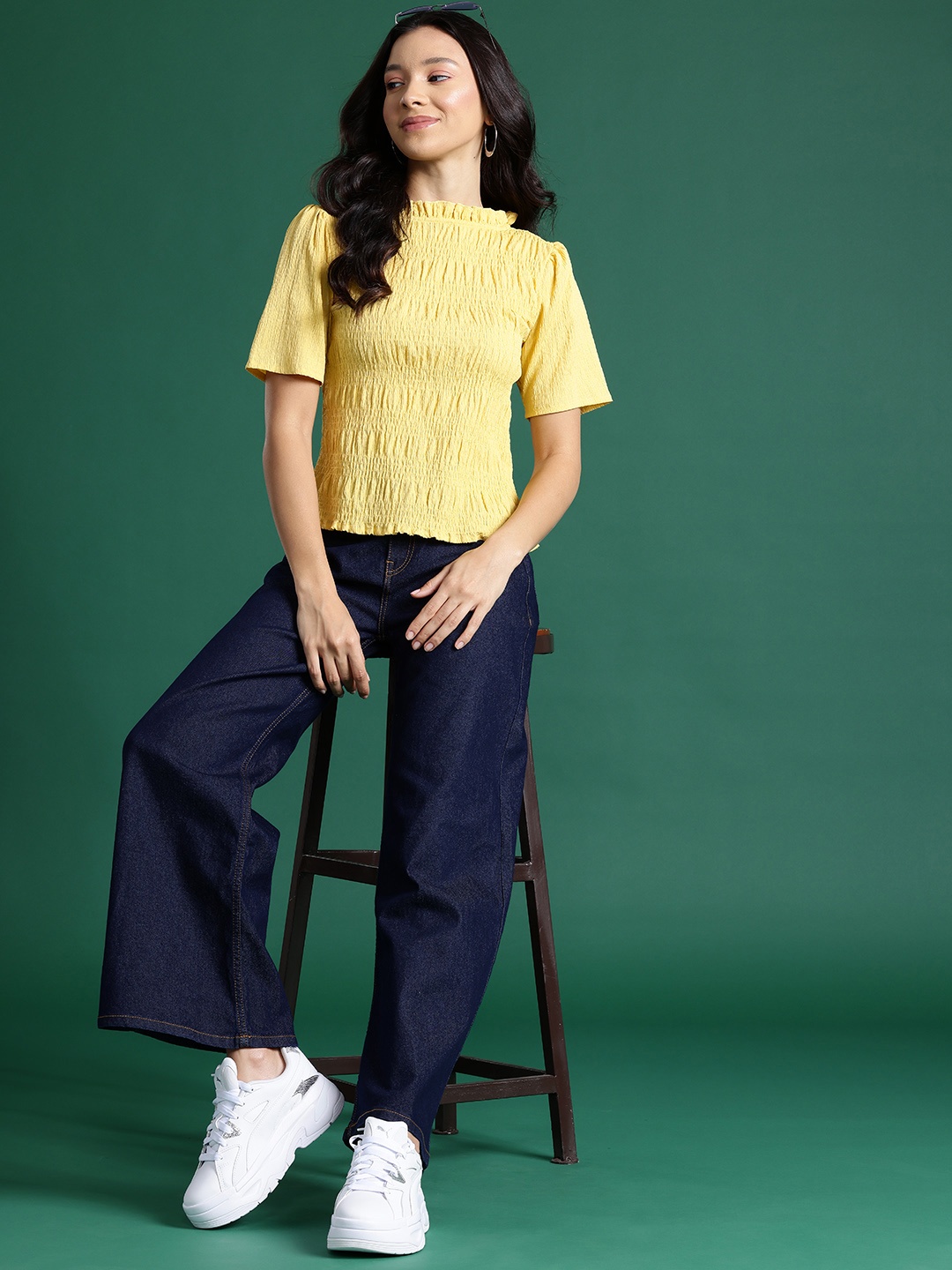 

DressBerry Smocked Thread-Work Top, Mustard