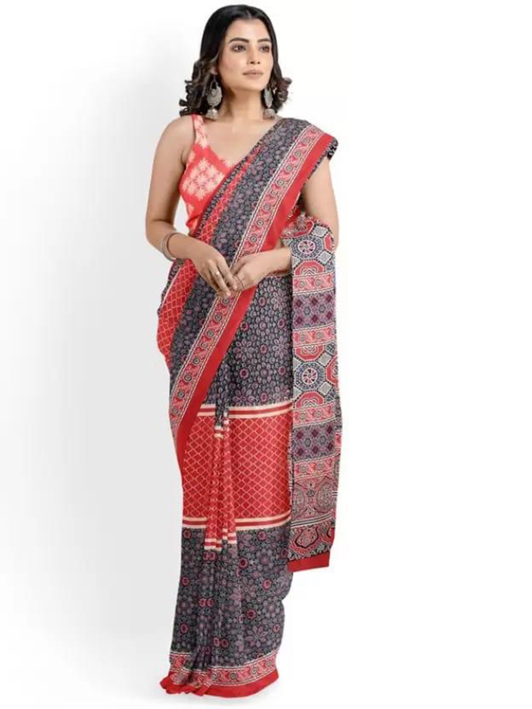 

clothonus Ethnic Motifs Printed Pure Cotton Block Print Saree, Red
