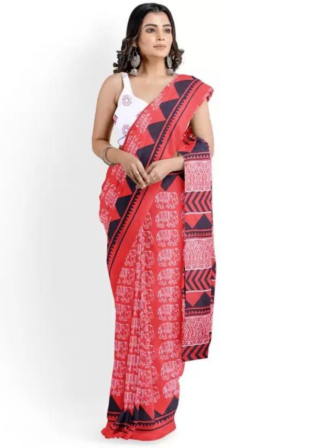 

clothonus Ethnic Motifs Printed Block Print Saree, Red