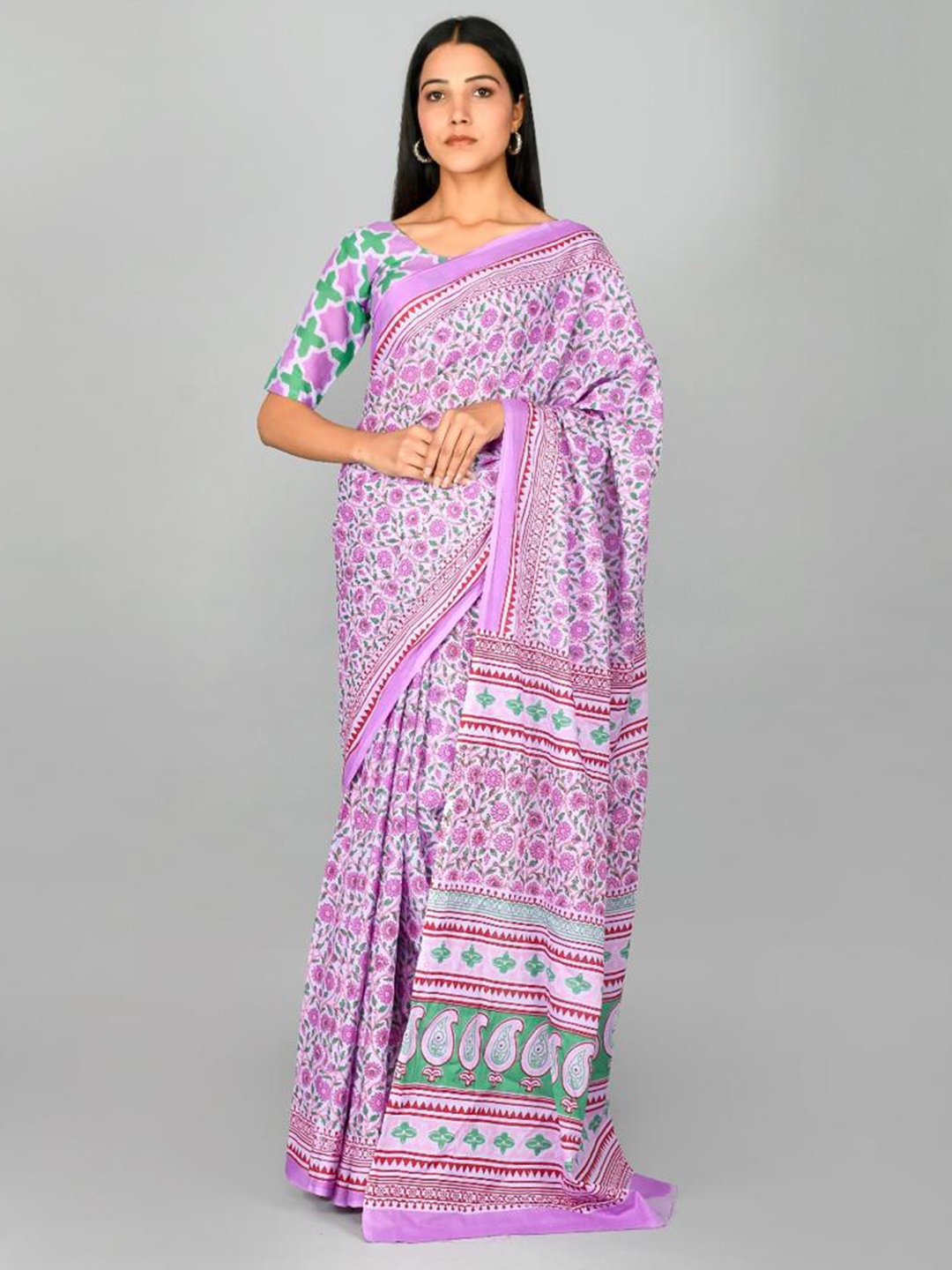 

clothonus Floral Printed Pure Cotton Block Print Saree, Purple