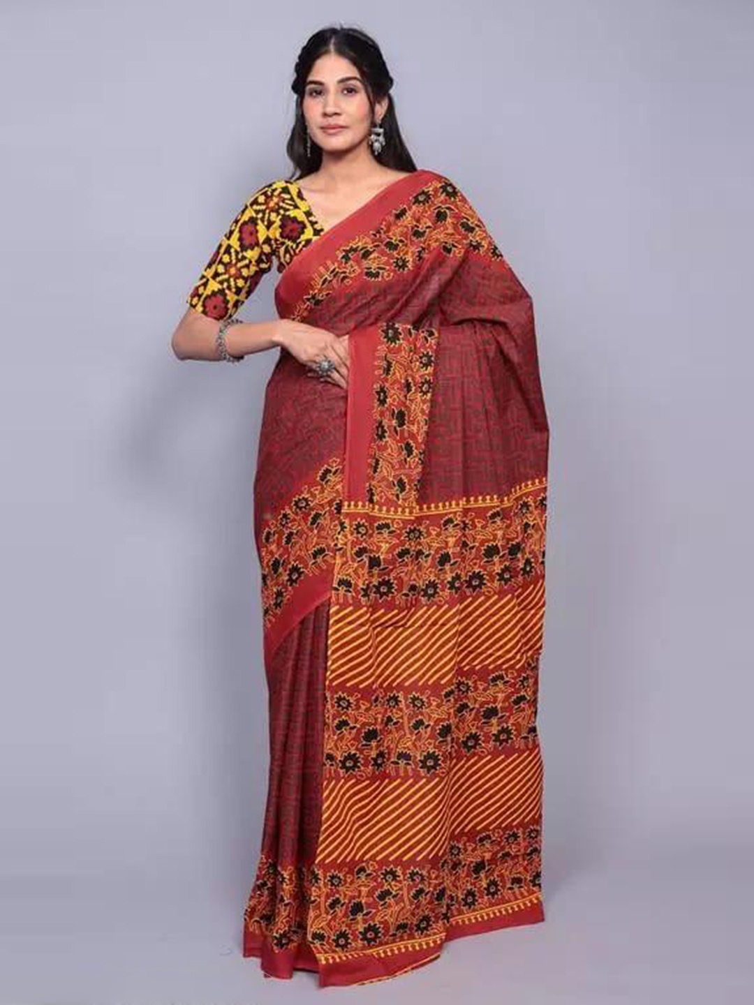 

clothonus Ethnic Motifs Pure Cotton Block Print Saree, Maroon
