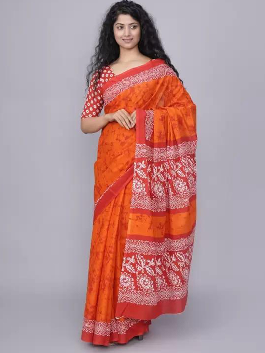 

clothonus Floral Pure Cotton Block Print Saree, Orange