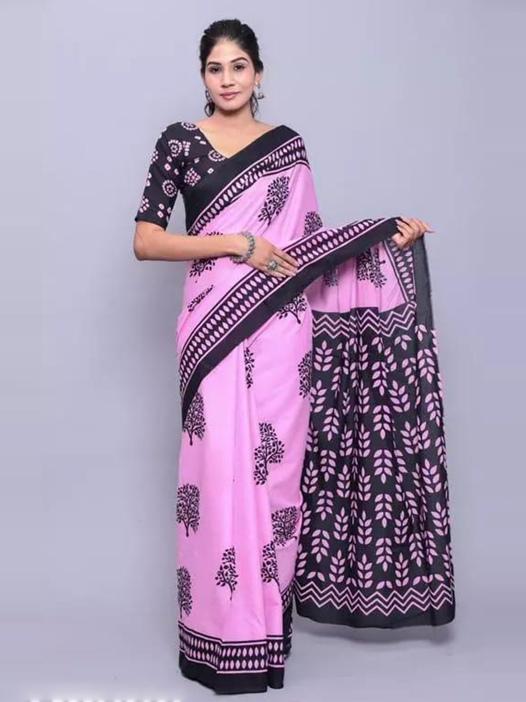 

clothonus Ethnic Motifs Pure Cotton Block Print Saree, Pink