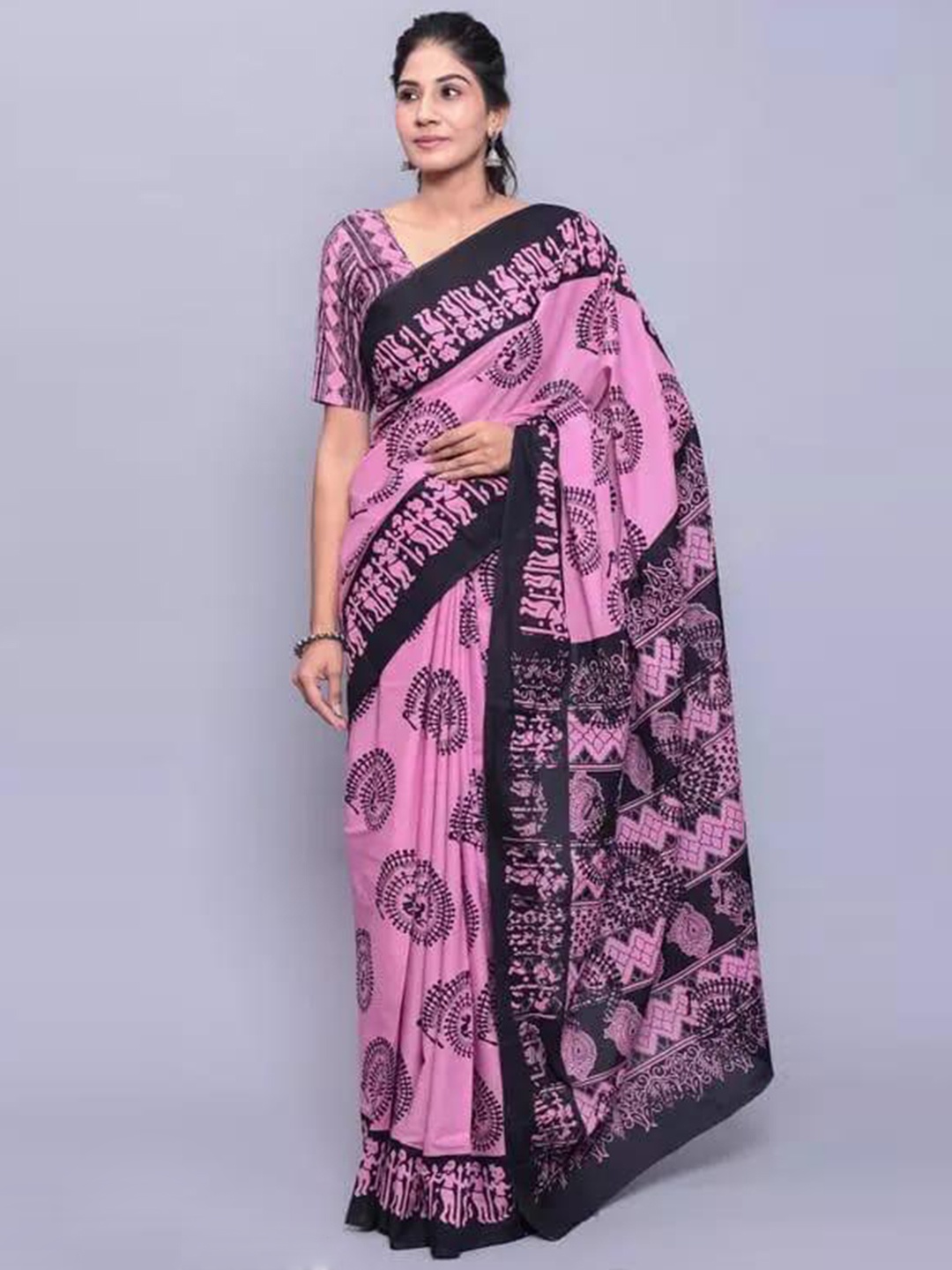 

clothonus Ethnic Motifs Pure Cotton Block Print Saree, Pink