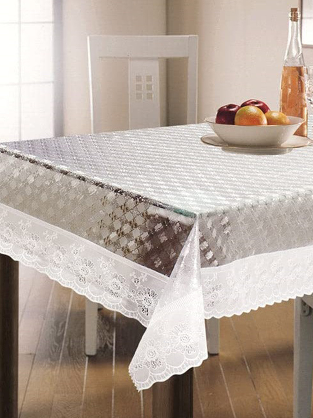 

Freelance White & Silver Toned Floral 1.37 m X 1.98 m Rectangle Table Cover