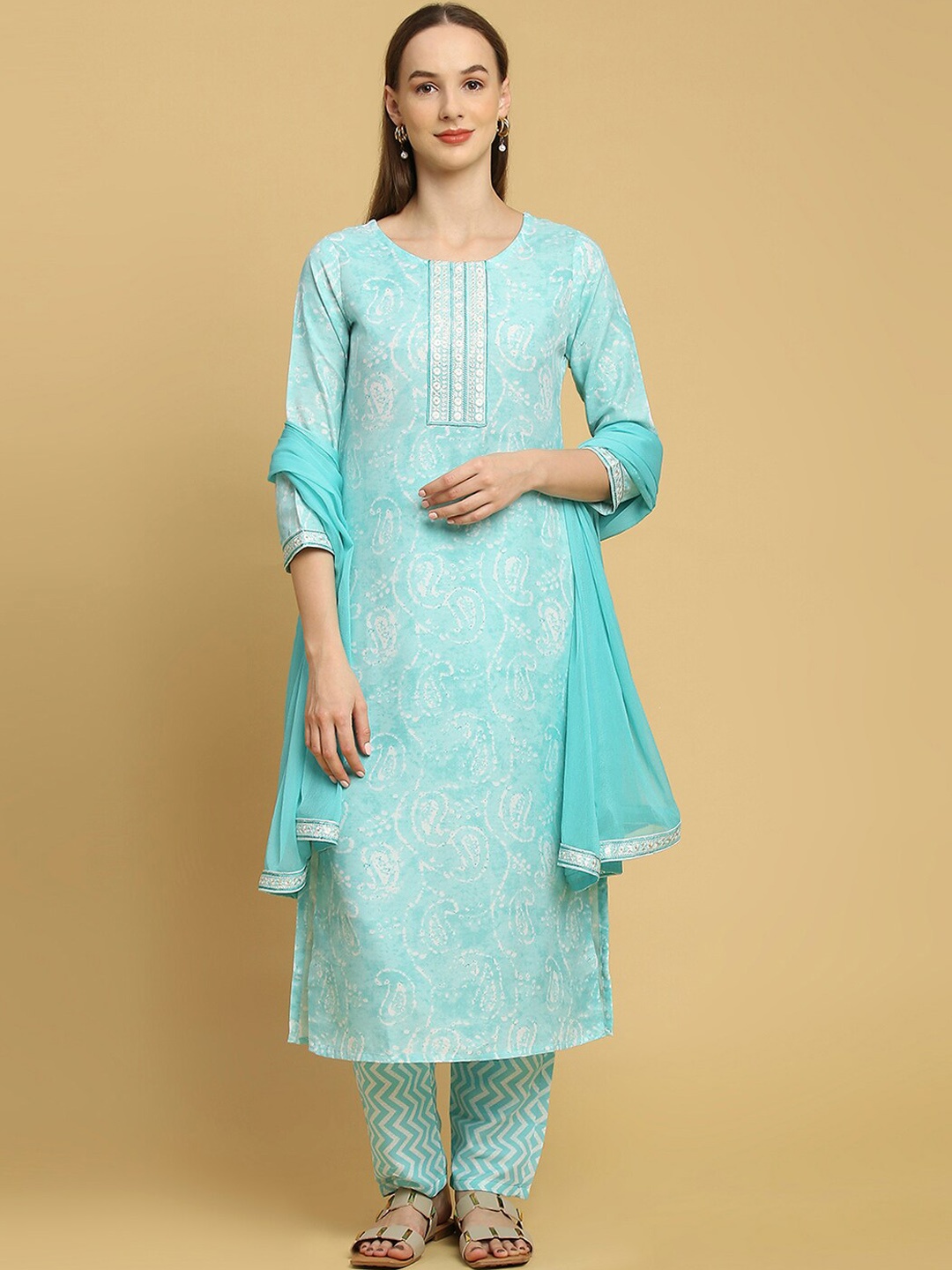 

KALINI Paisley Printed Sequined Straight Kurta with Trousers & Dupatta, Blue