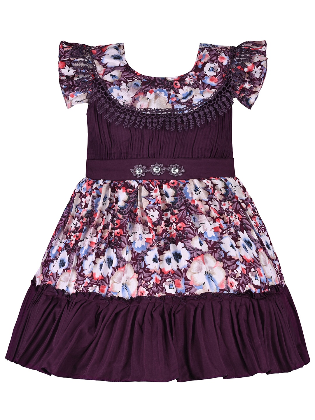 

Wish Karo Girls Floral Print Cold-Shoulder Satin Fit & Flare Dress, Purple