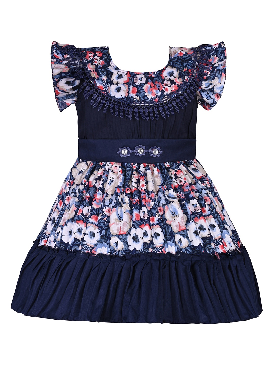 

Wish Karo Girls Floral Print Flared Sleeve Satin Fit & Flare Dress, Navy blue