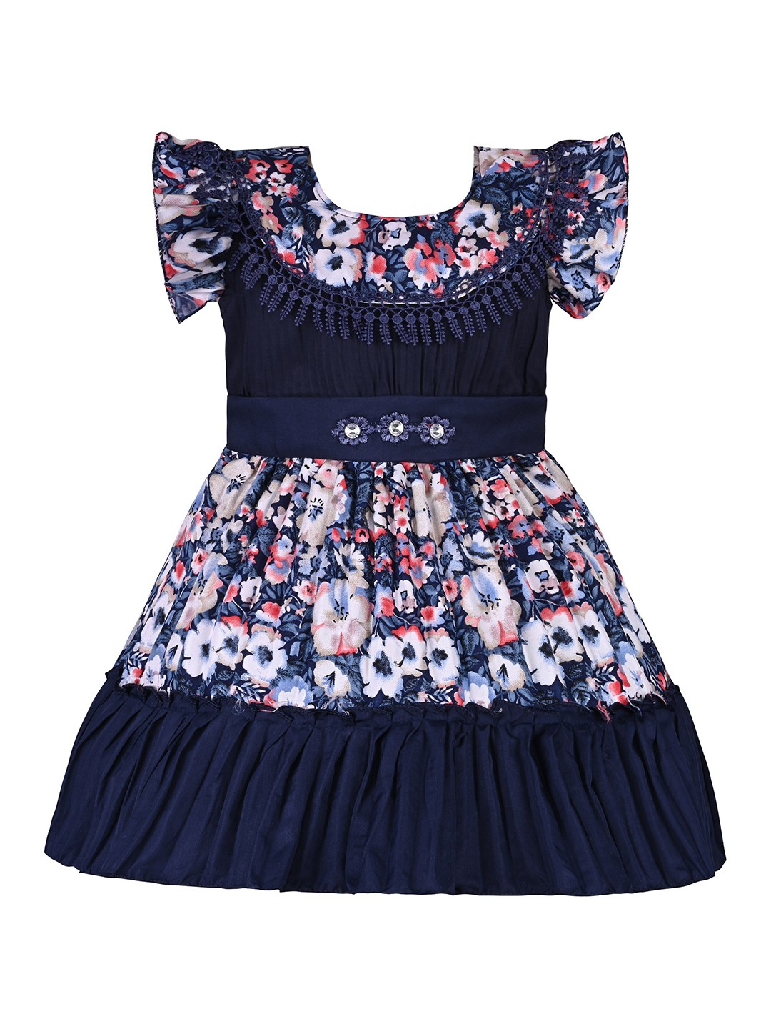 

Wish Karo Girls Floral Print Flared Sleeve Satin Fit & Flare Dress, Navy blue