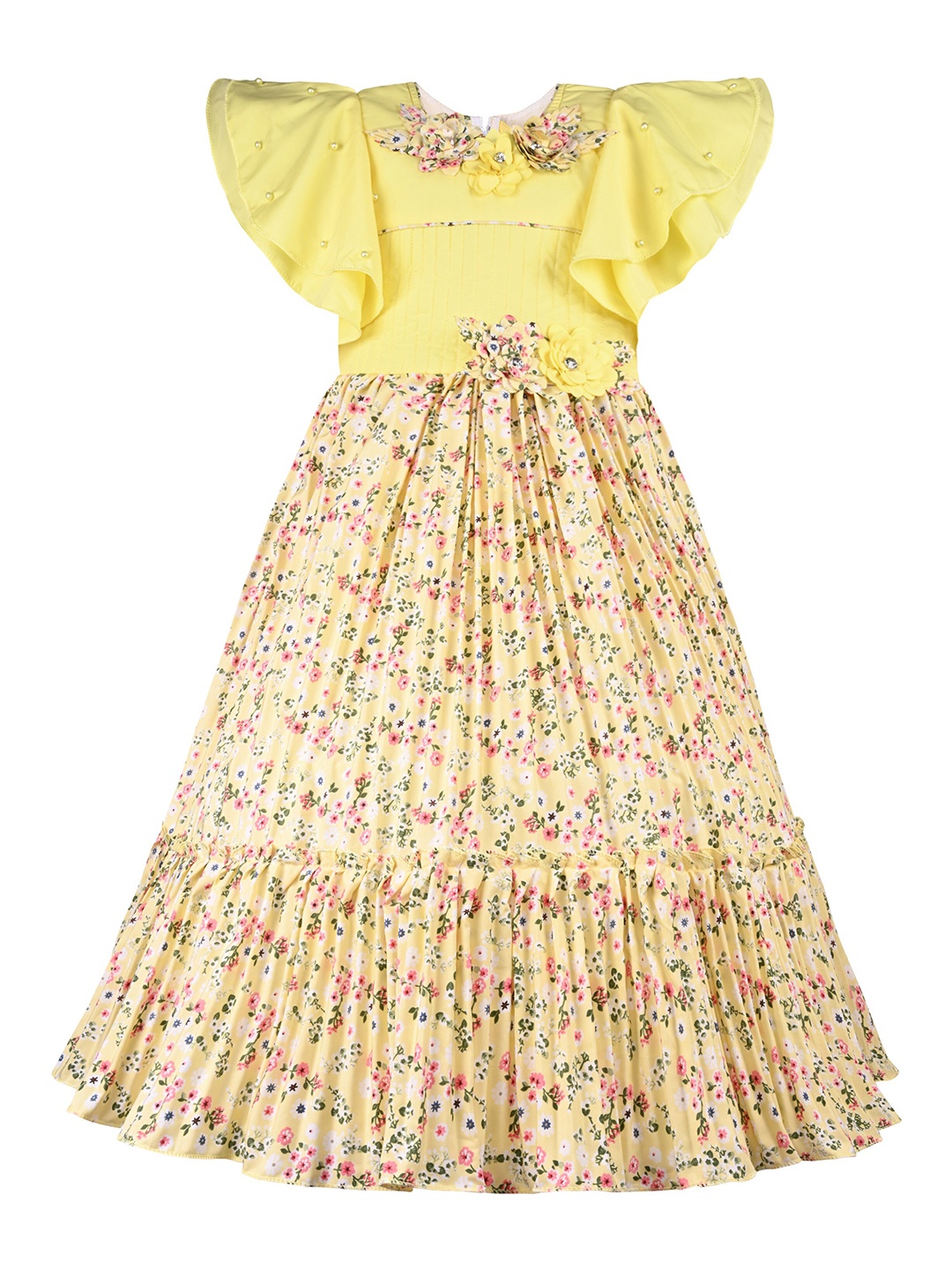 

Wish Karo Girls Floral Print Flutter Sleeve Georgette Fit and Flare Dress, Yellow