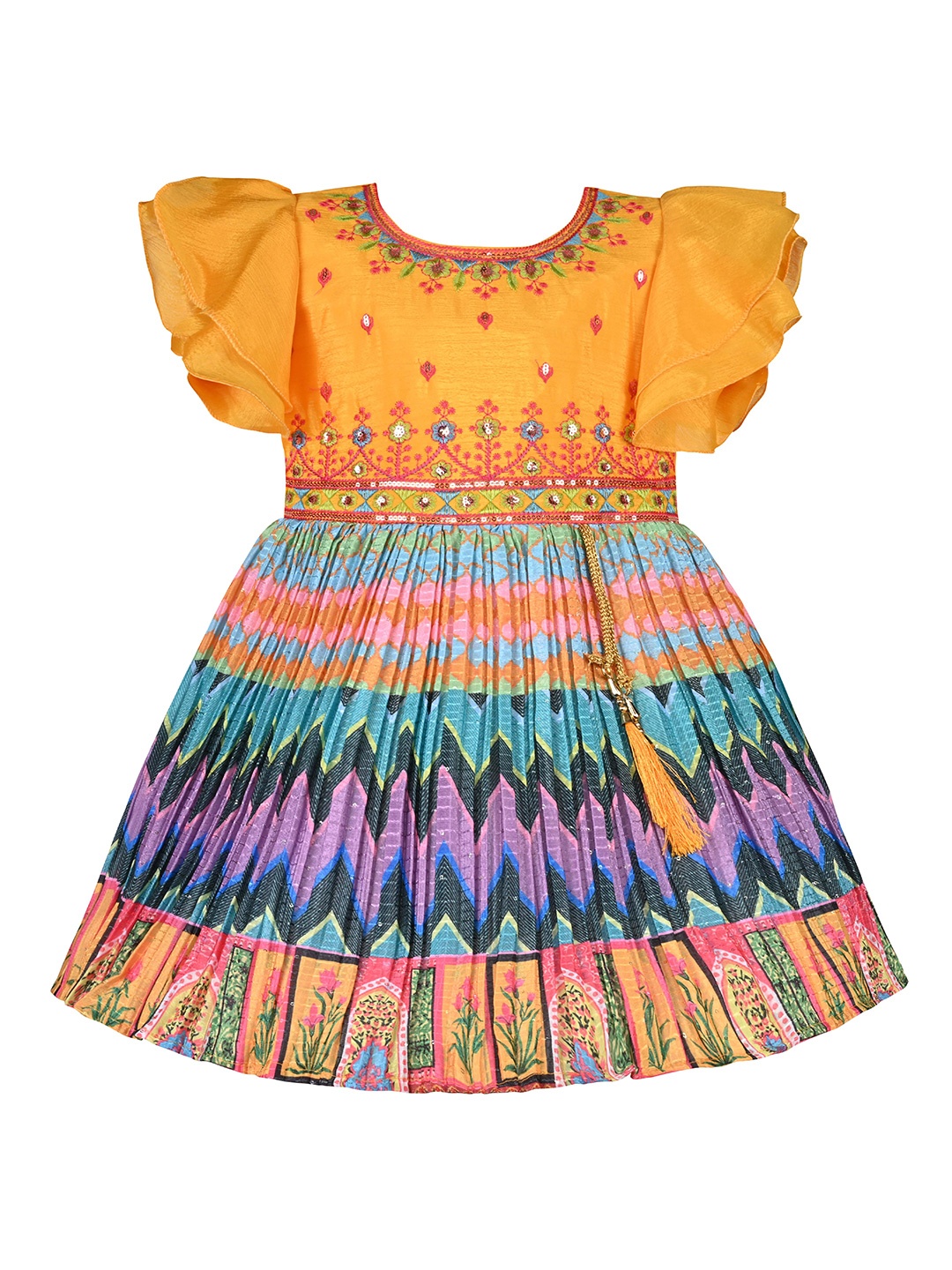 

Wish Karo Girls Print Thread Work Flutter Sleeve Satin Fit & Flare Dress, Yellow