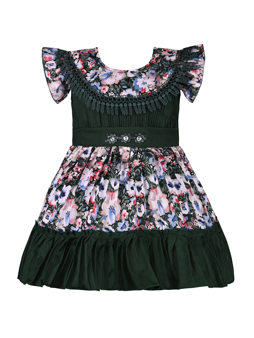 

Wish Karo Girls Floral Print Flared Sleeve Satin Fit & Flare Dress, Green