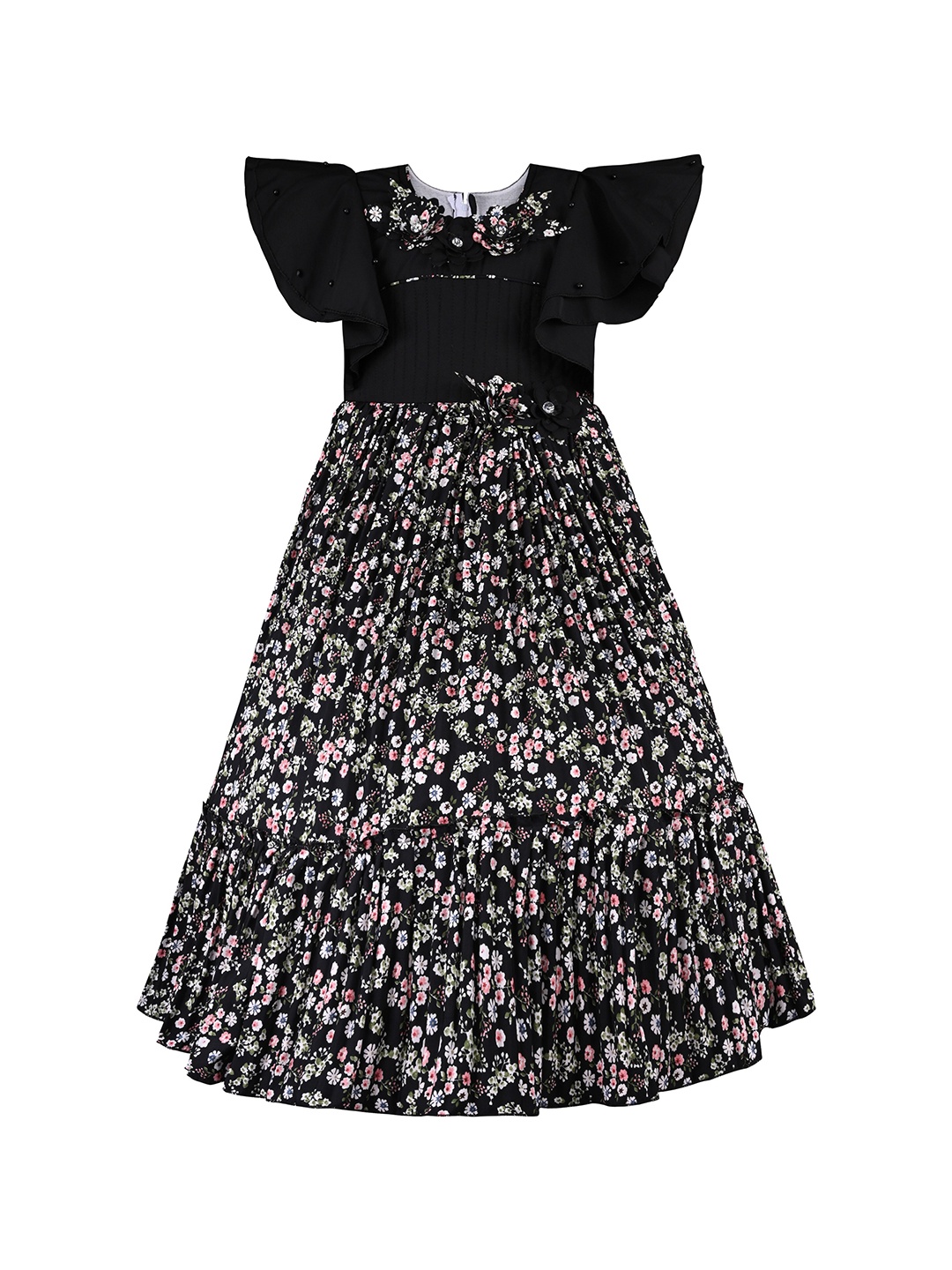 

Wish Karo Girls Floral Print Flutter Sleeve Georgette Fit and Flare Dress, Black