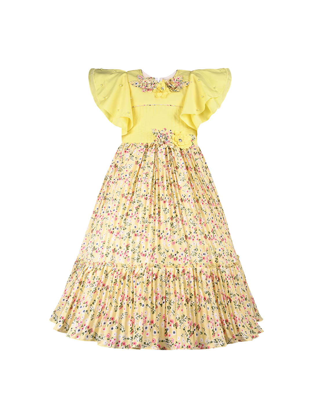 

Wish Karo Girls Floral Printed Flutter Sleeve A-Line Georgette Maxi Dress, Yellow