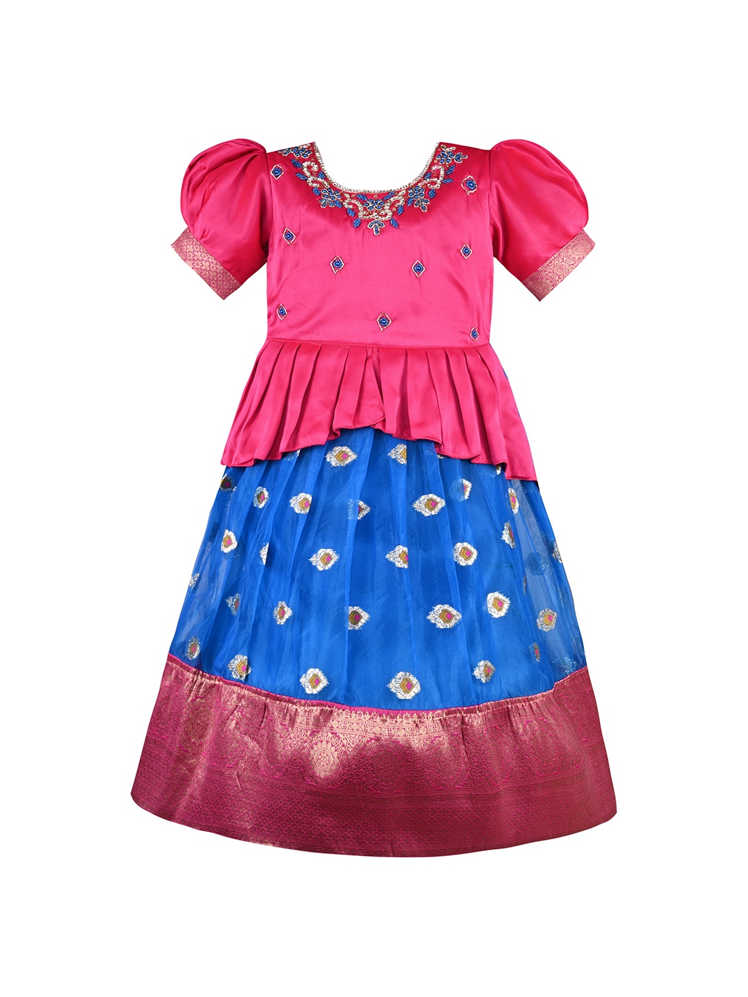 

Wish Karo Girls Woven Design Embellished Satin Fit & Flare Maxi Dress, Blue