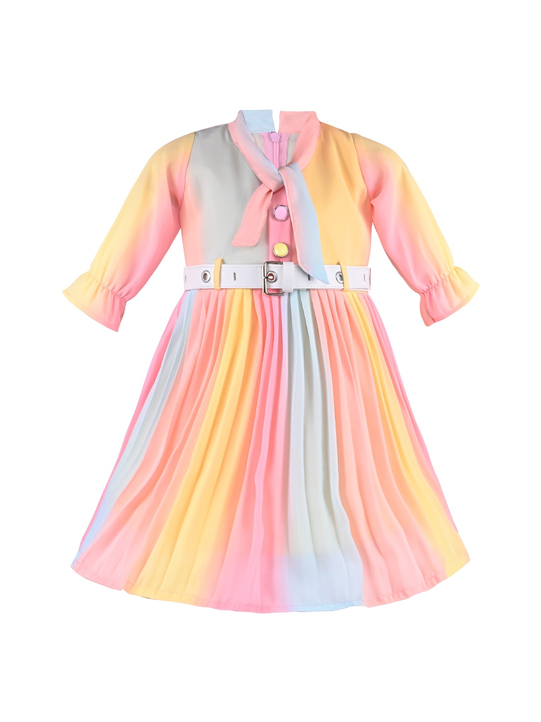 

Wish Karo Girls Colourblocked Tie-Up Neck Georgette Fit & Flare Dress, Yellow