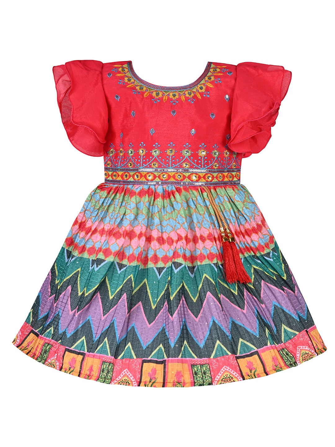 

Wish Karo Girls Ethnic Motifs Printed Flared Sleeve Silk Fit & Flare Dress, Pink