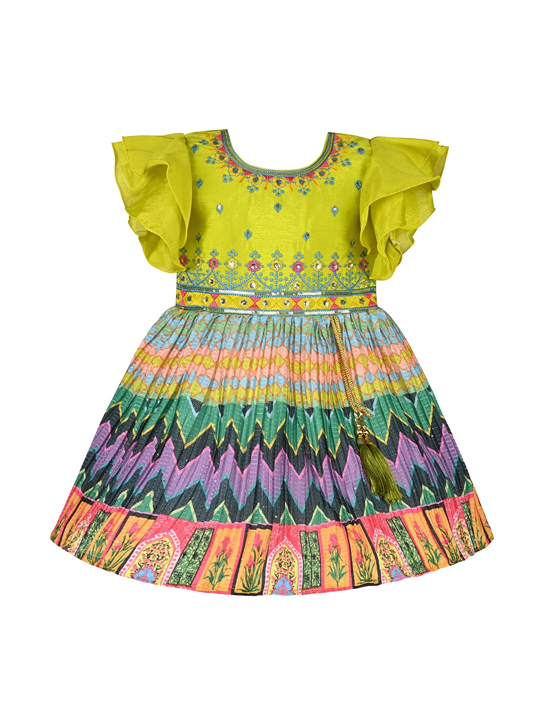 

Wish Karo Girls Ethnic Motifs Printed Flared Sleeve Silk Fit & Flare Dress, Green