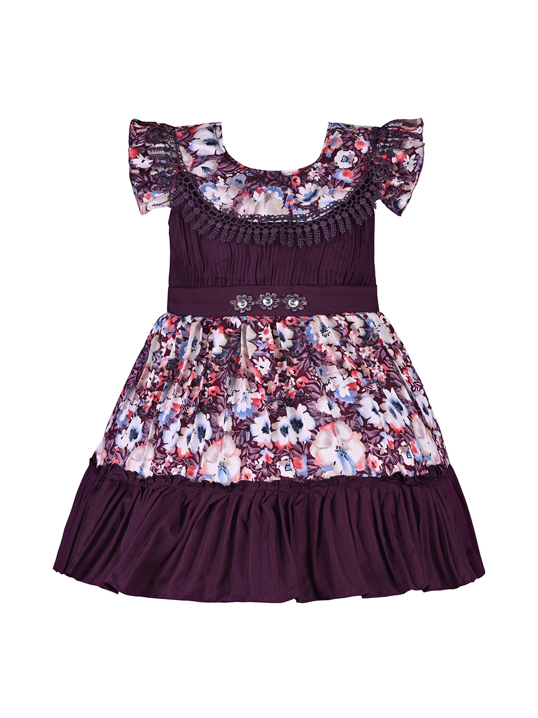 

Wish Karo Girls Floral Printed Flutter Sleeves Silk Satin Fit & Flare Dress, Purple
