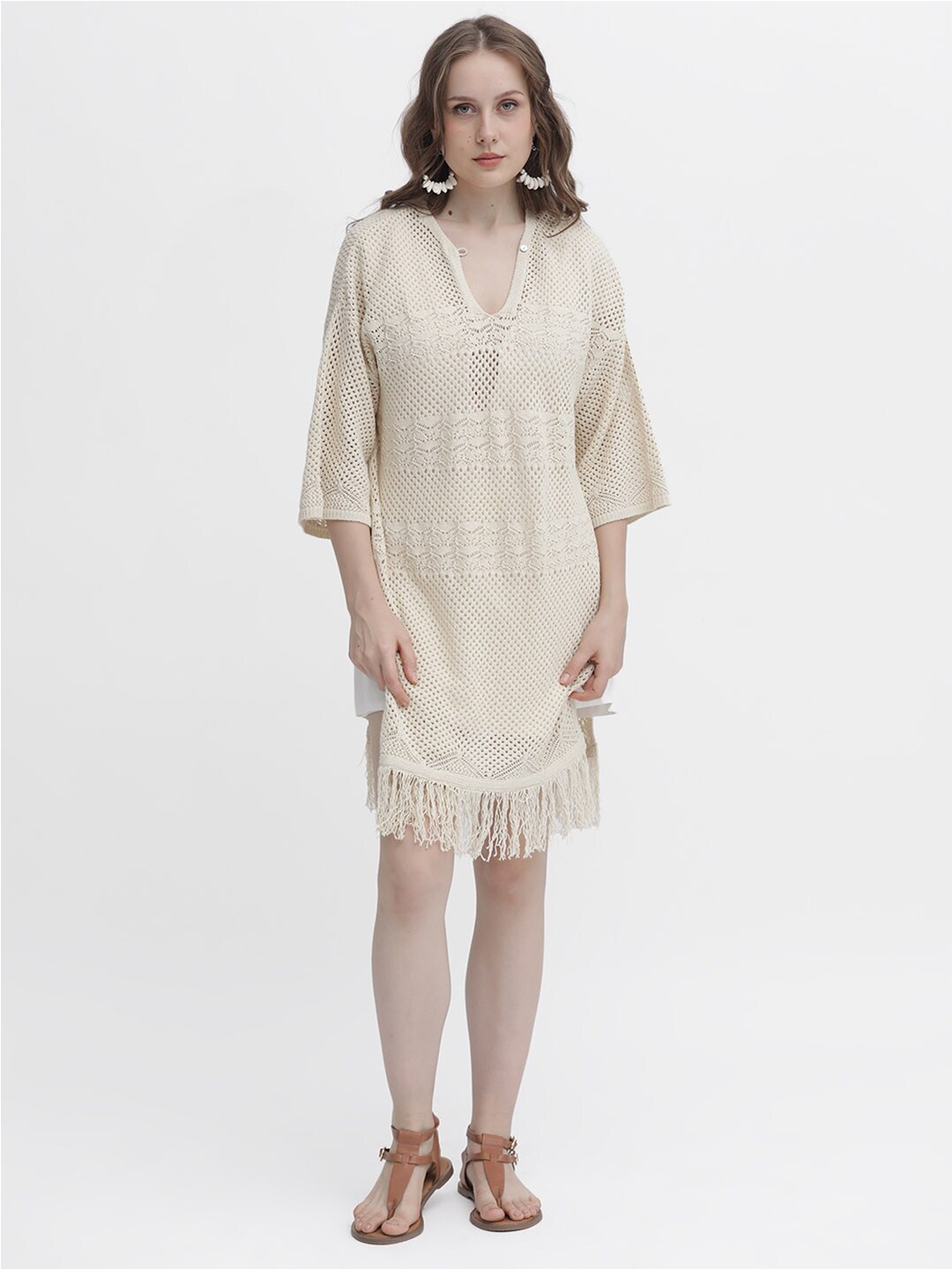 

RAREISM Self Design V-Neck Fringed Cotton A-Line Dress, Off white