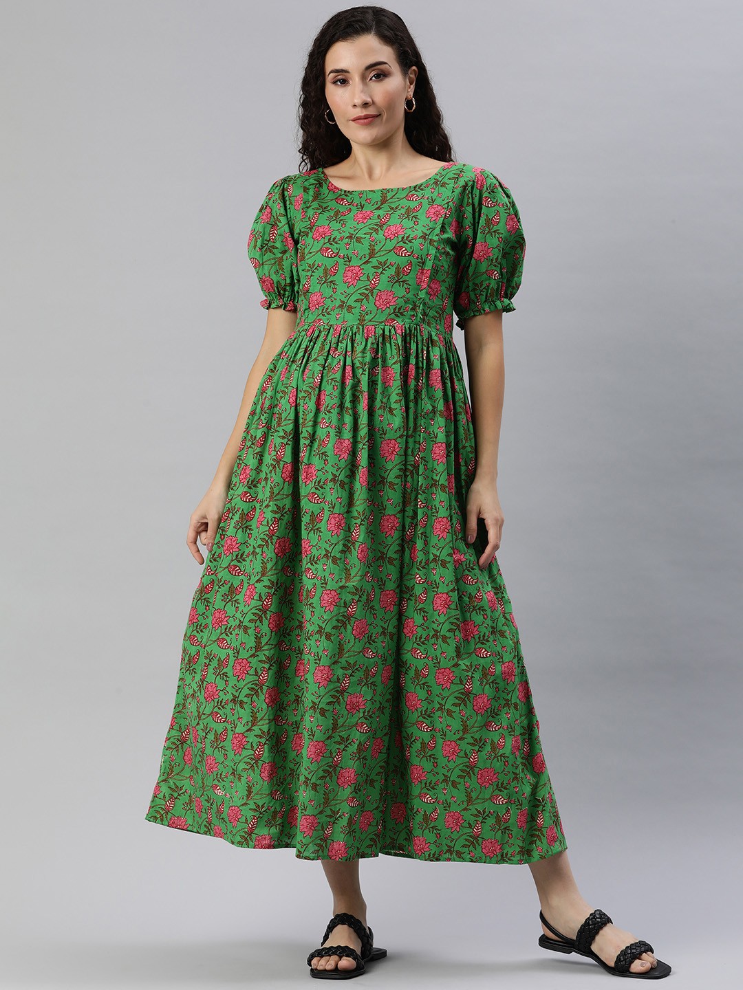 

Swishchick Floral Print Puff Sleeves Maternity A-Line Midi Dress, Green