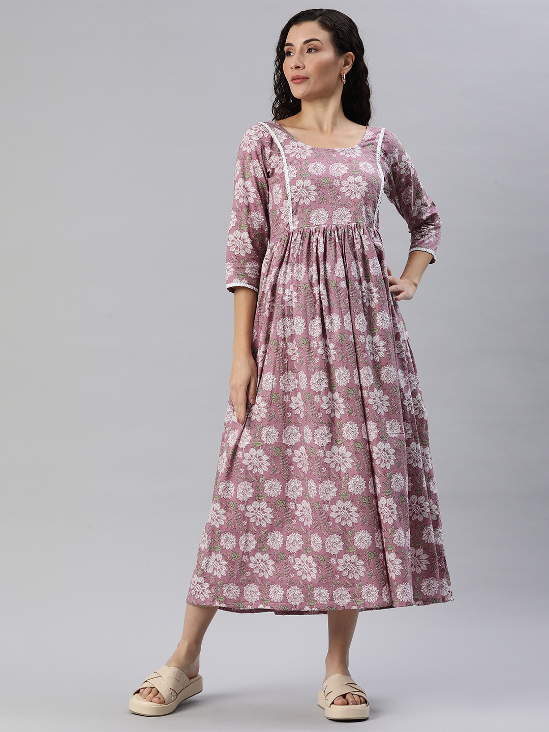 

Swishchick Floral Print Laced Maternity A-Line Midi Dress, Pink