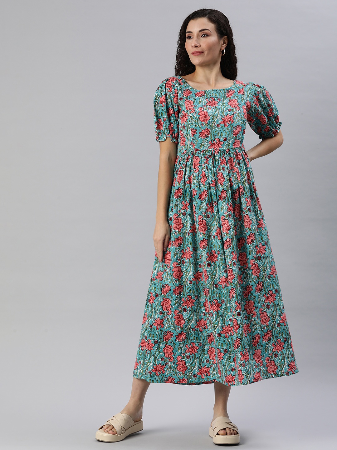 

Swishchick Floral Print Kantha Work Puff Sleeves Maternity Fit & Flare Midi Dress, Teal