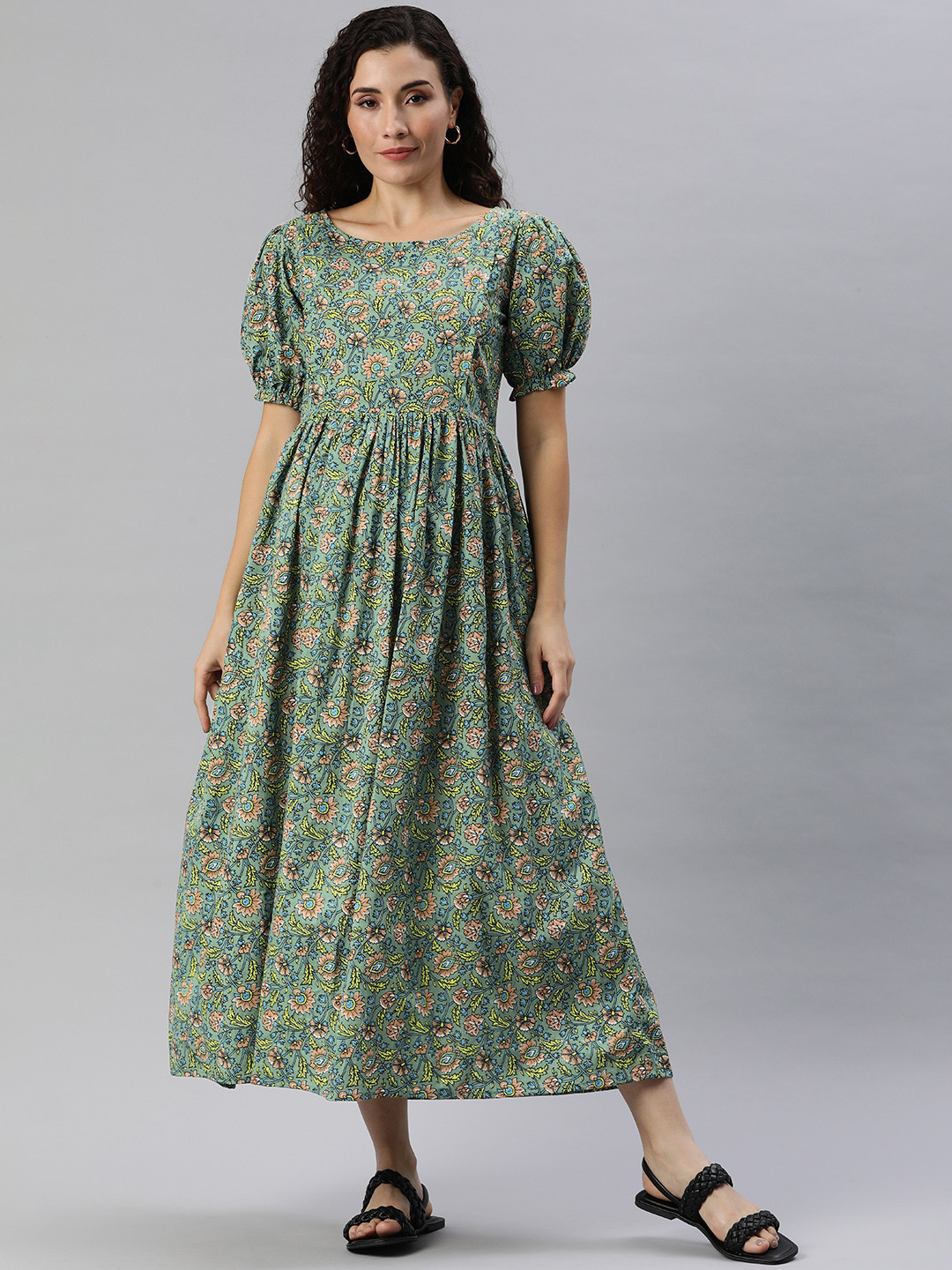 

Swishchick Floral Print Puff Sleeves Maternity Fit & Flare Midi Dress, Green
