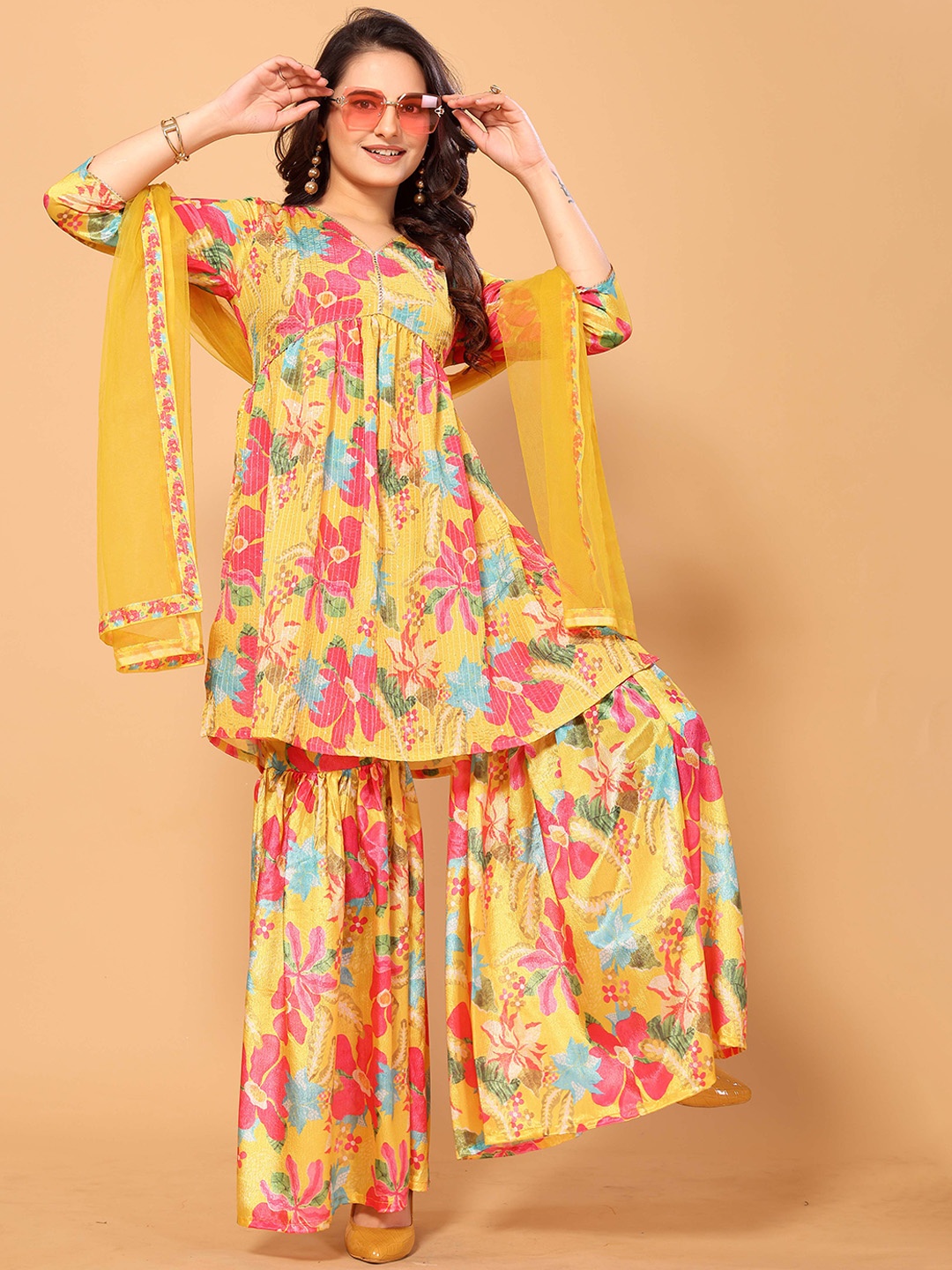 

Riti Floral Printed V-Neck Kurta With Sharara & Dupatta, Yellow