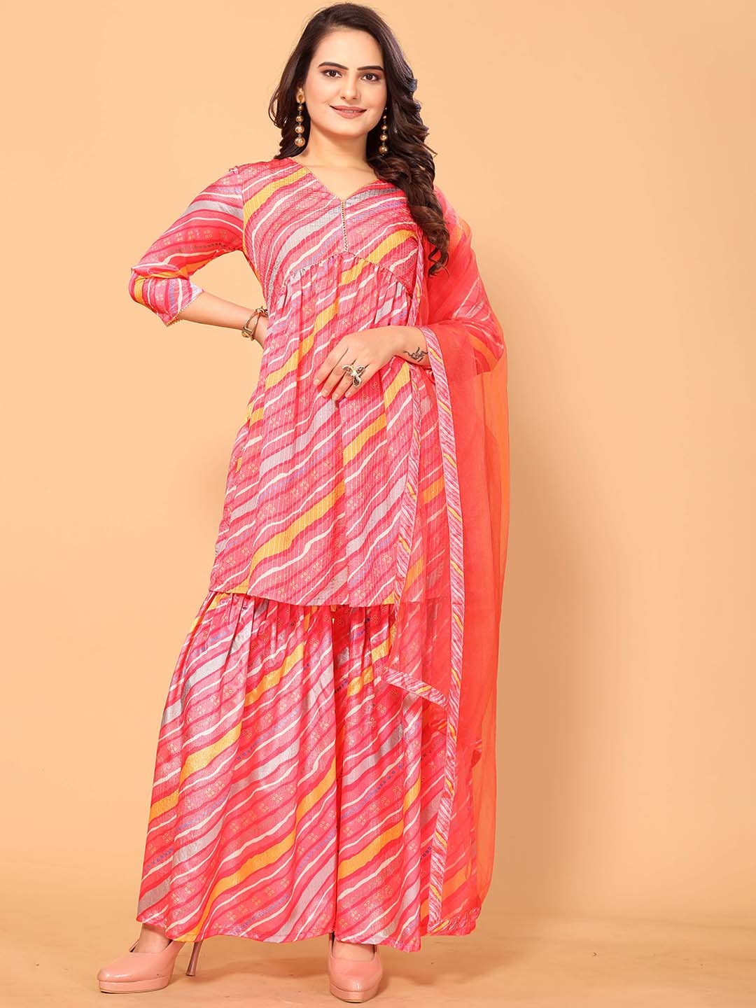 

Riti Printed V-Neck Kurta With Sharara & Dupatta, Pink