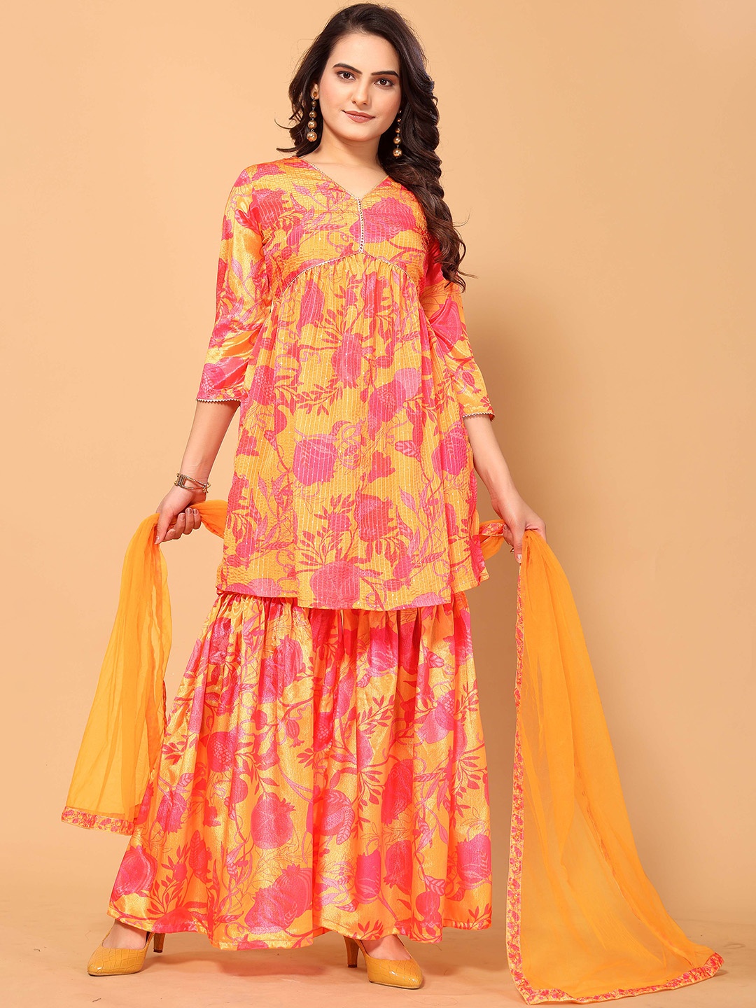 

Riti Floral Printed V-Neck Kurta With Sharara & Dupatta, Gold
